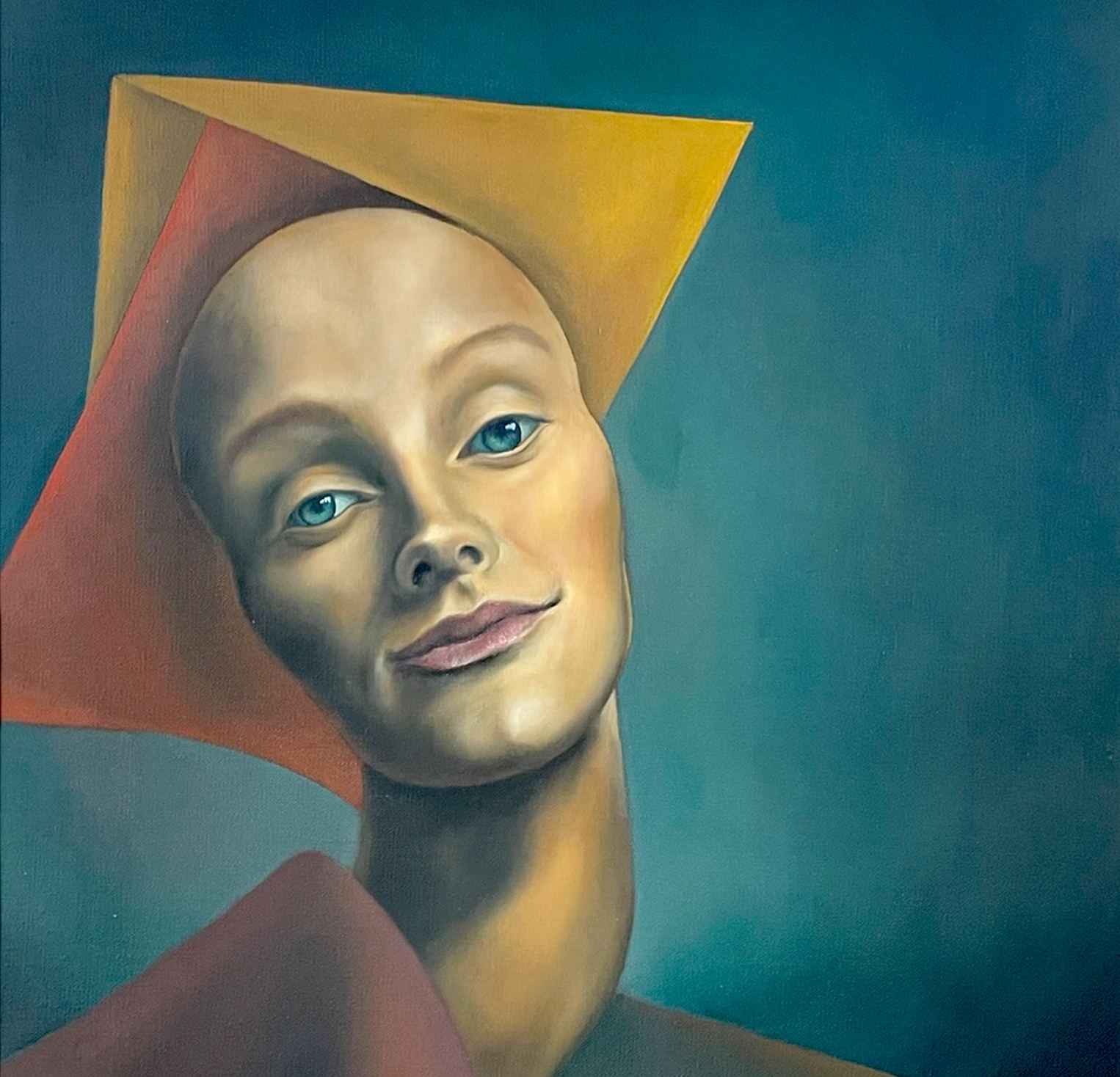 Oil on canvas painting of androgynous woman with blue eyes and a long stretched neck with geometric shapes around her shaved head on a blue background