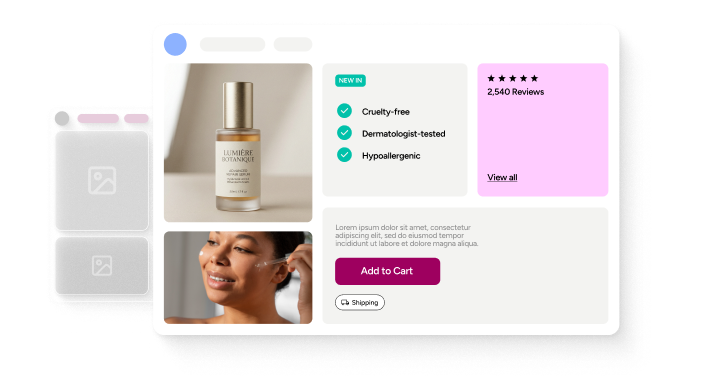 Online skincare product page featuring Lumière Botanique serum, user applying serum, product benefits, and customer reviews.