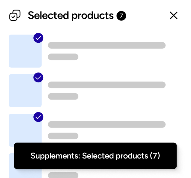 Interface showing seven selected products with checkmarks and a label reading 'Supplements: Selected products (7)'.