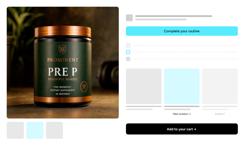 Container of Prominent PRE P Pineapple Mango pre-workout dietary supplement with 30 servings.