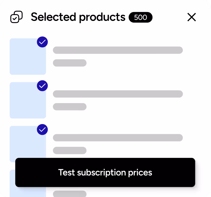 Interface showing selected products with check marks and a button to test subscription prices.