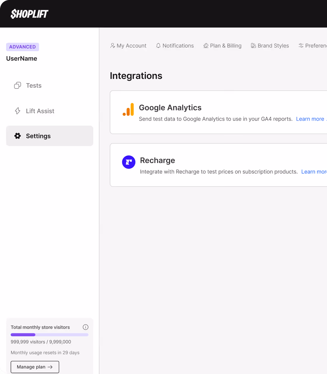 Shoplift dashboard integrations settings showing Google Analytics and Recharge options with monthly visitor stats.