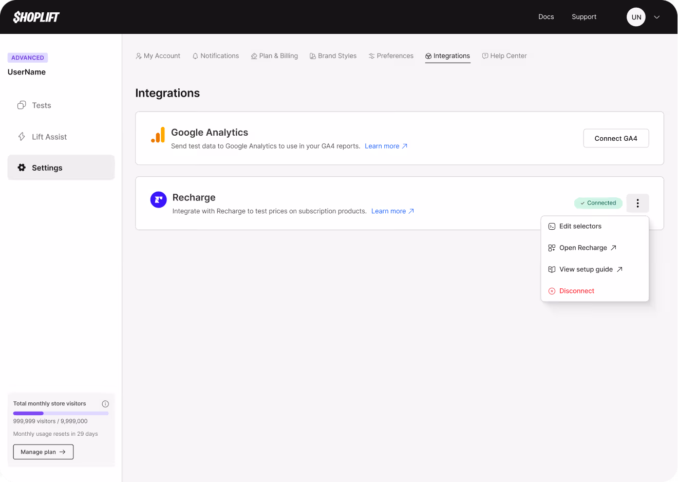 Shoplift integrations page showing Google Analytics and Recharge subscription testing connections.