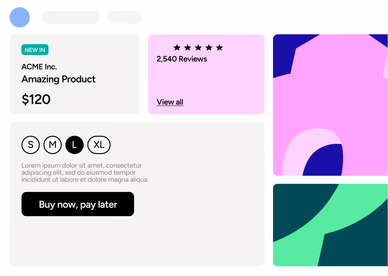 E-commerce product listing for ACME's Amazing Product priced at $120 with size options and 2,540 reviews.