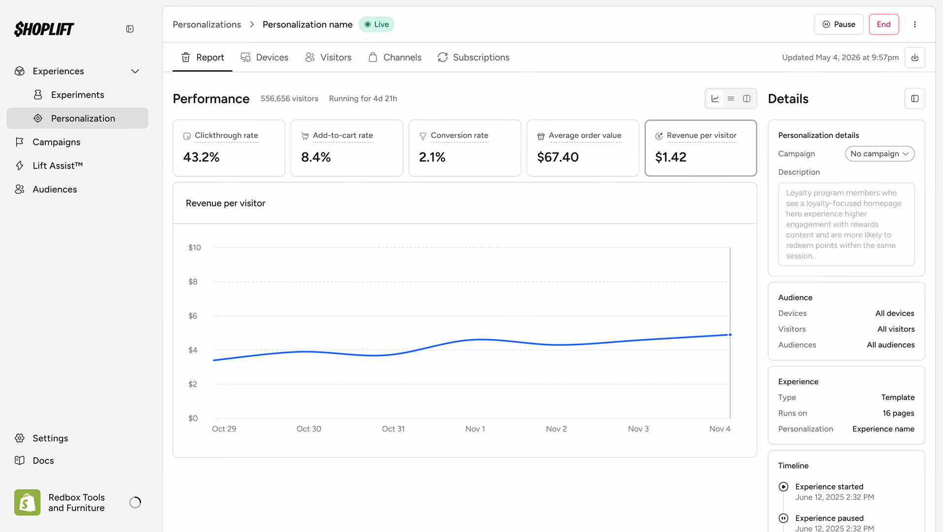 Subscription price test table for summer collection with product prices, variant prices, and traffic split slider.