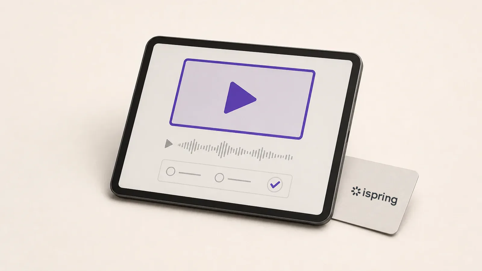 Conceptual digital lesson on a tablet beside an access card bearing the iSpring logo.