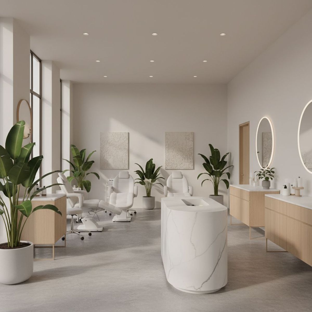 Intérieur serein et minimaliste d'un institut de beauté moderne, avec des plantes vertes et une lumière douce.
