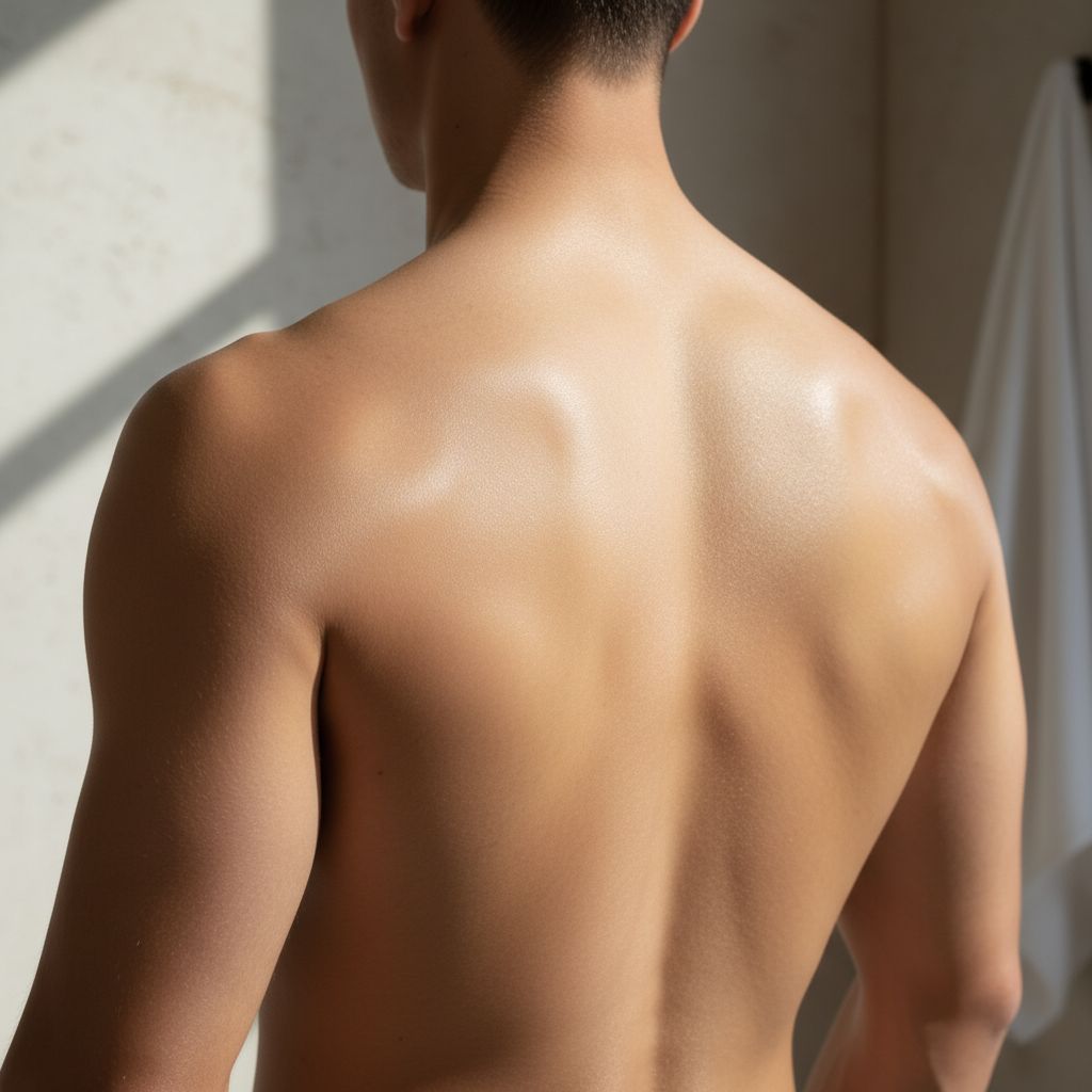 Dos musclé et lisse d'un homme de dos, suggérant une peau soignée après une épilation, dans une lumière naturelle et douce.