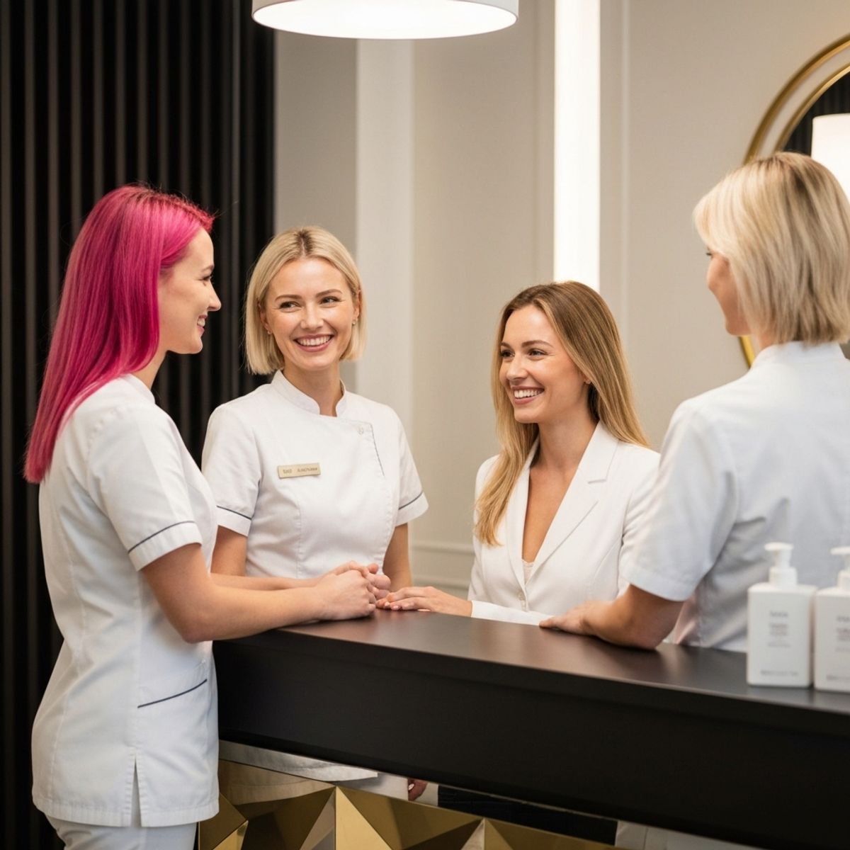 Equipe esthéticienne souriante accueillant une cliente dans un institut de beauté moderne et chaleureux à Lausanne