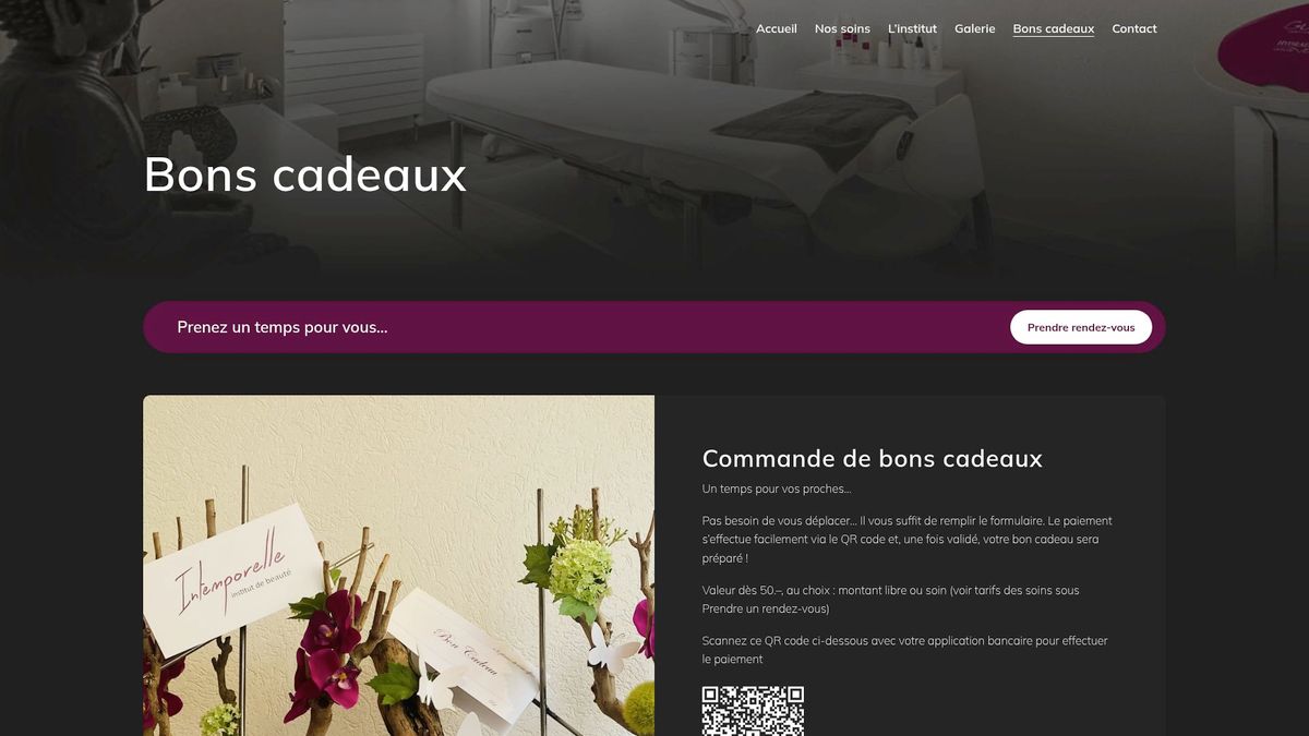 Screenshot of Intemporelle Lausanne gift voucher page showing customizable amount options.