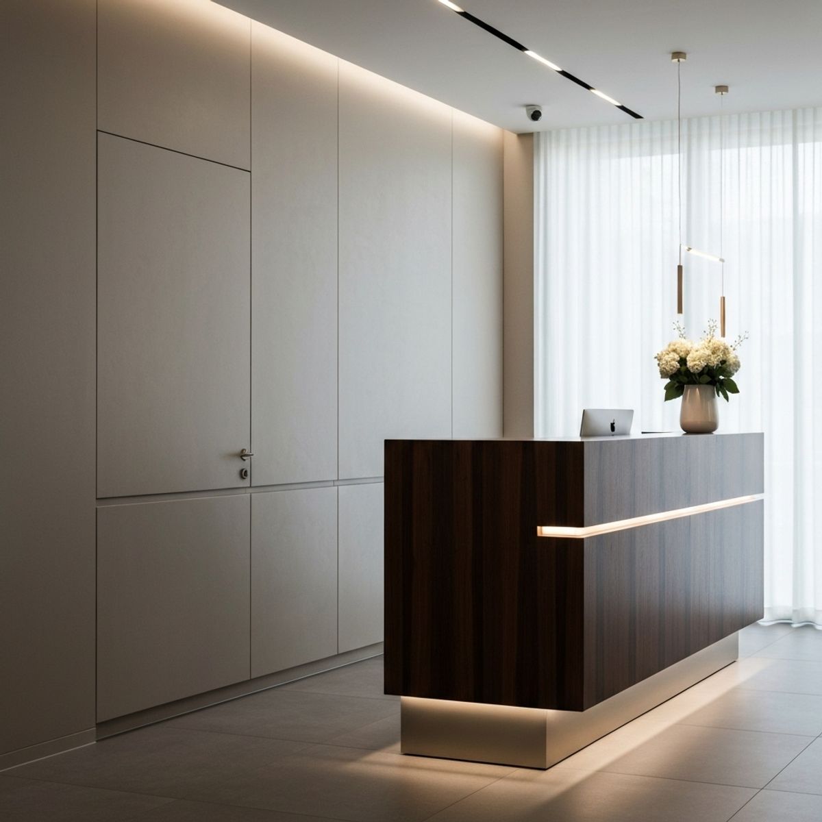 A serene and elegant beauty institute reception area in Lausanne with a gift box on the counter, soft lighting, inviting atmosphere.