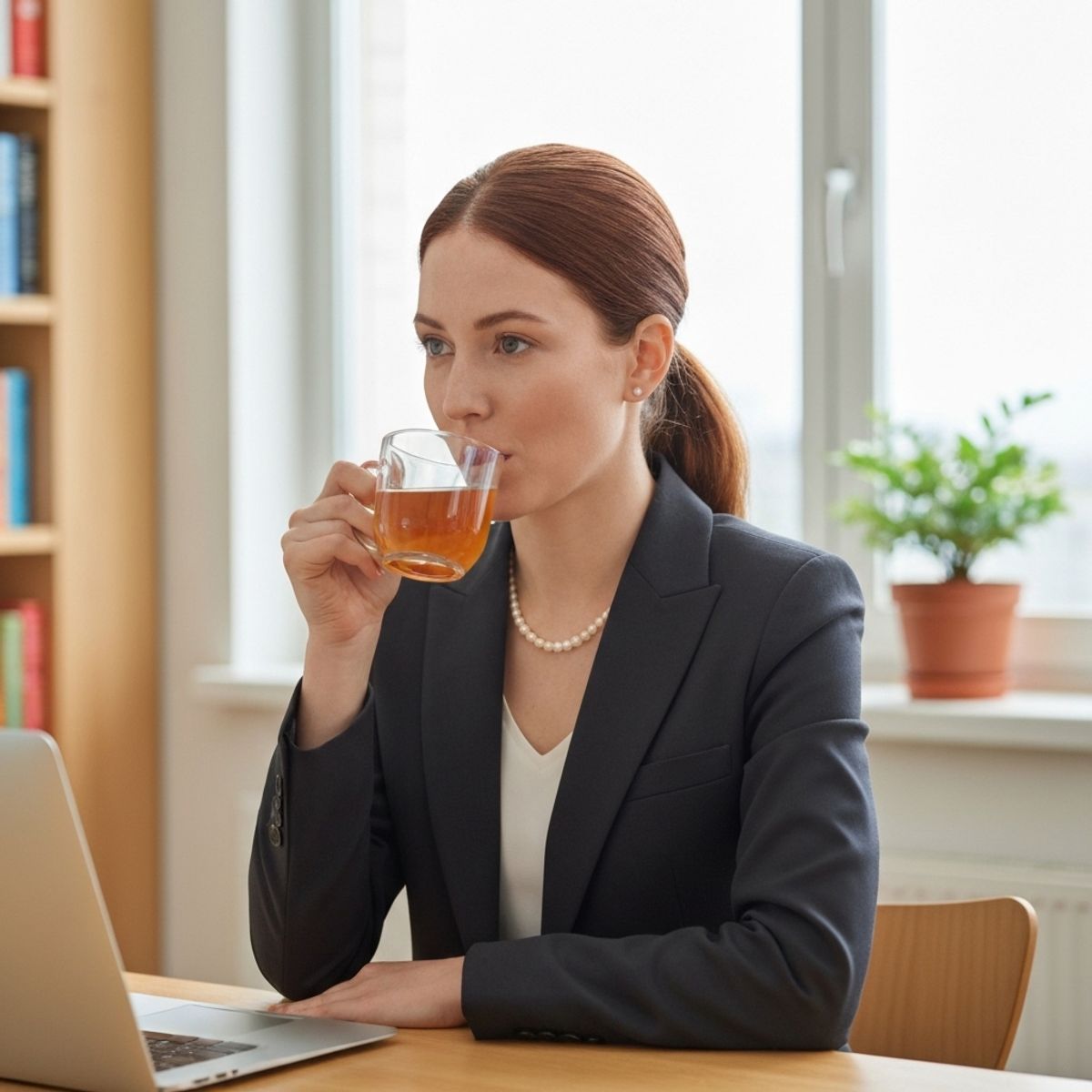 Relaxed woman drinking tea in a robe after a spa treatment looking happy