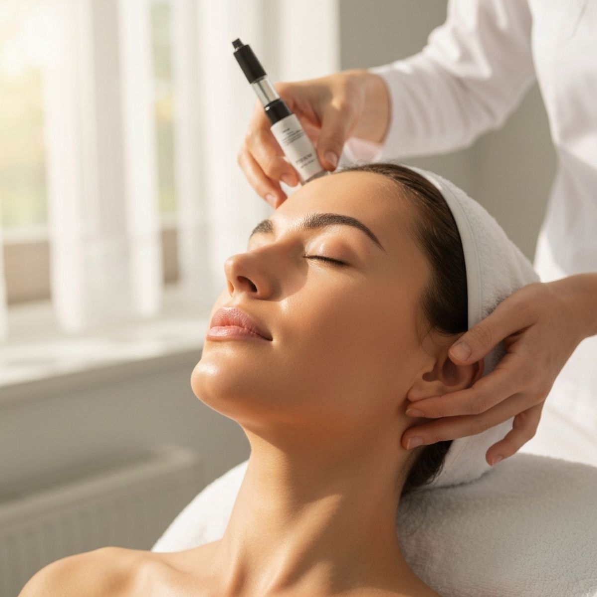Close-up of a woman with glowing skin receiving a facial treatment, natural lighting setup