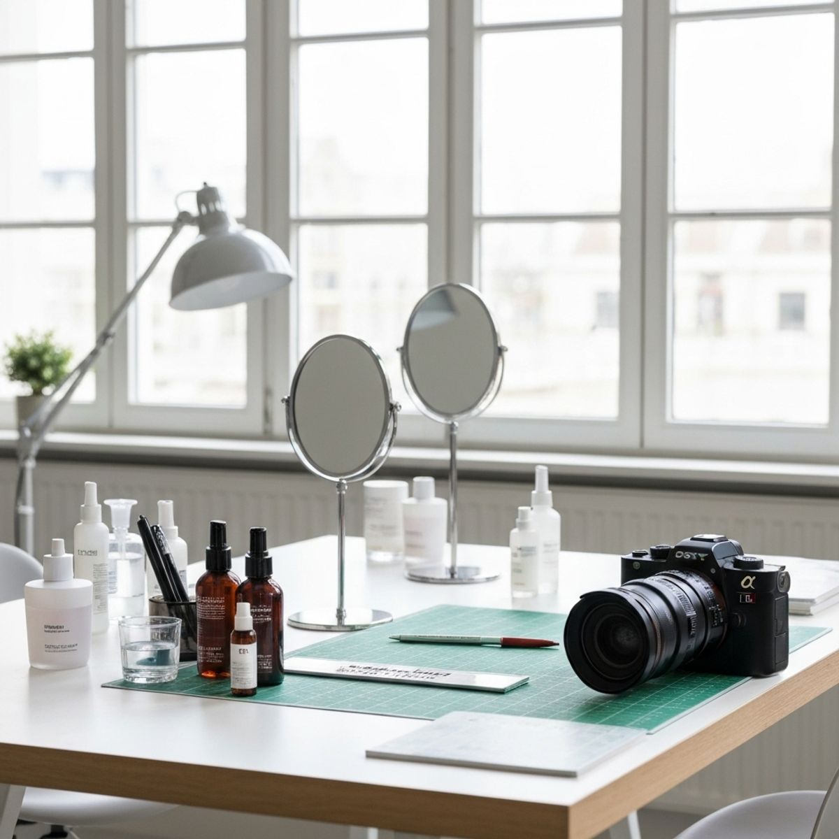 Behind the scenes setup of cosmetic product photography showing lighting and camera angles