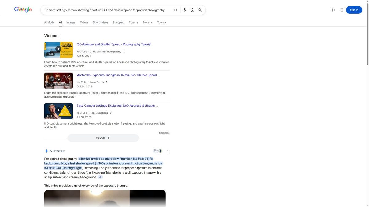Camera settings screen showing aperture ISO and shutter speed for portrait photography