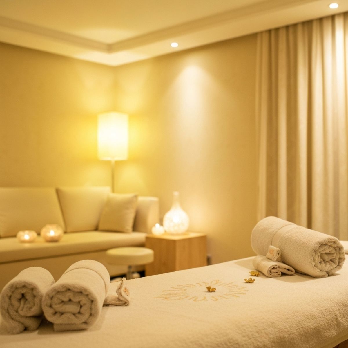 A photo of a serene treatment room with warm lighting, plush towels, and distinct masculine and feminine decor elements blending harmonization, highly realistic style.