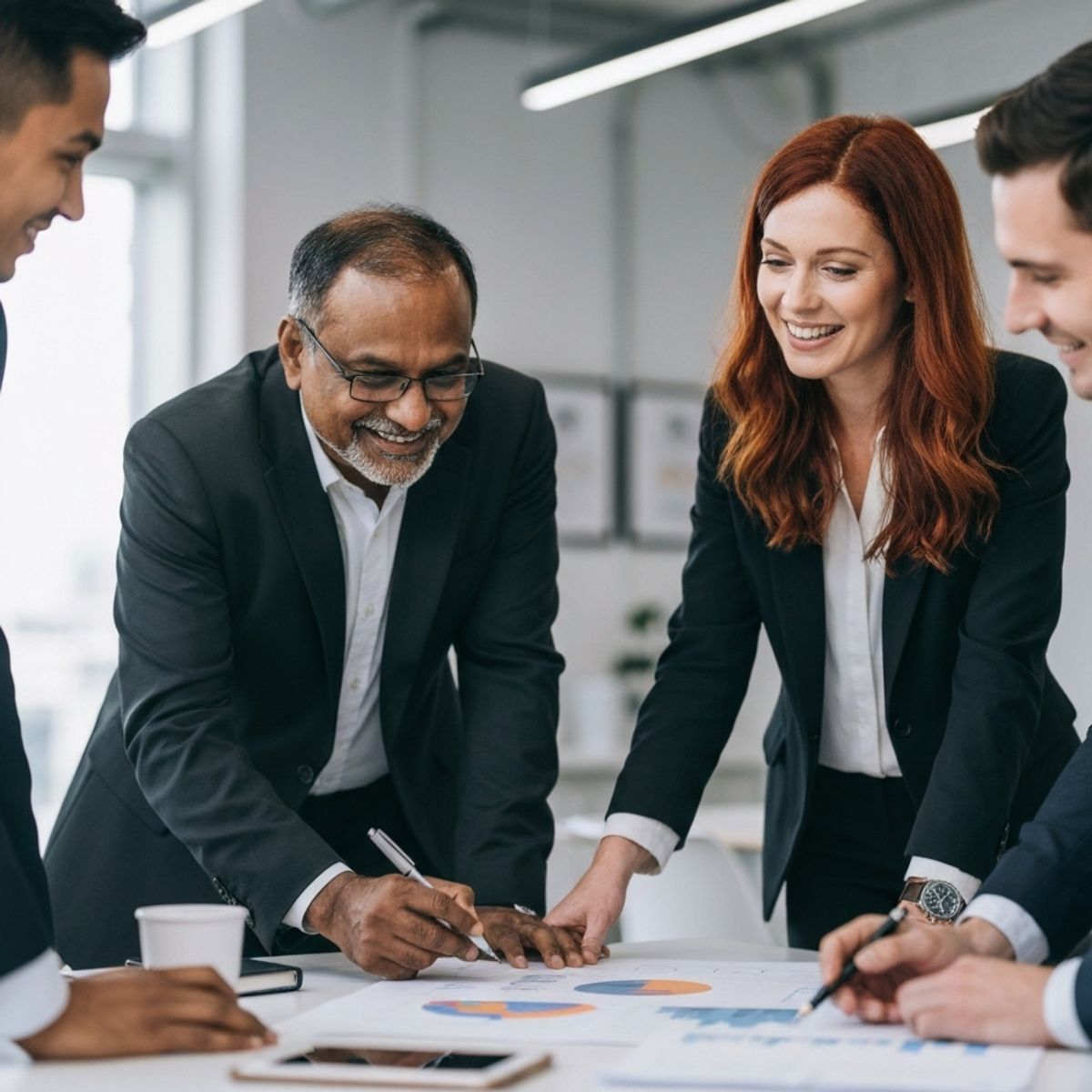 Diverse group of happy beauty professionals in clean uniforms smiling, standing in a bright, modern salon reception.