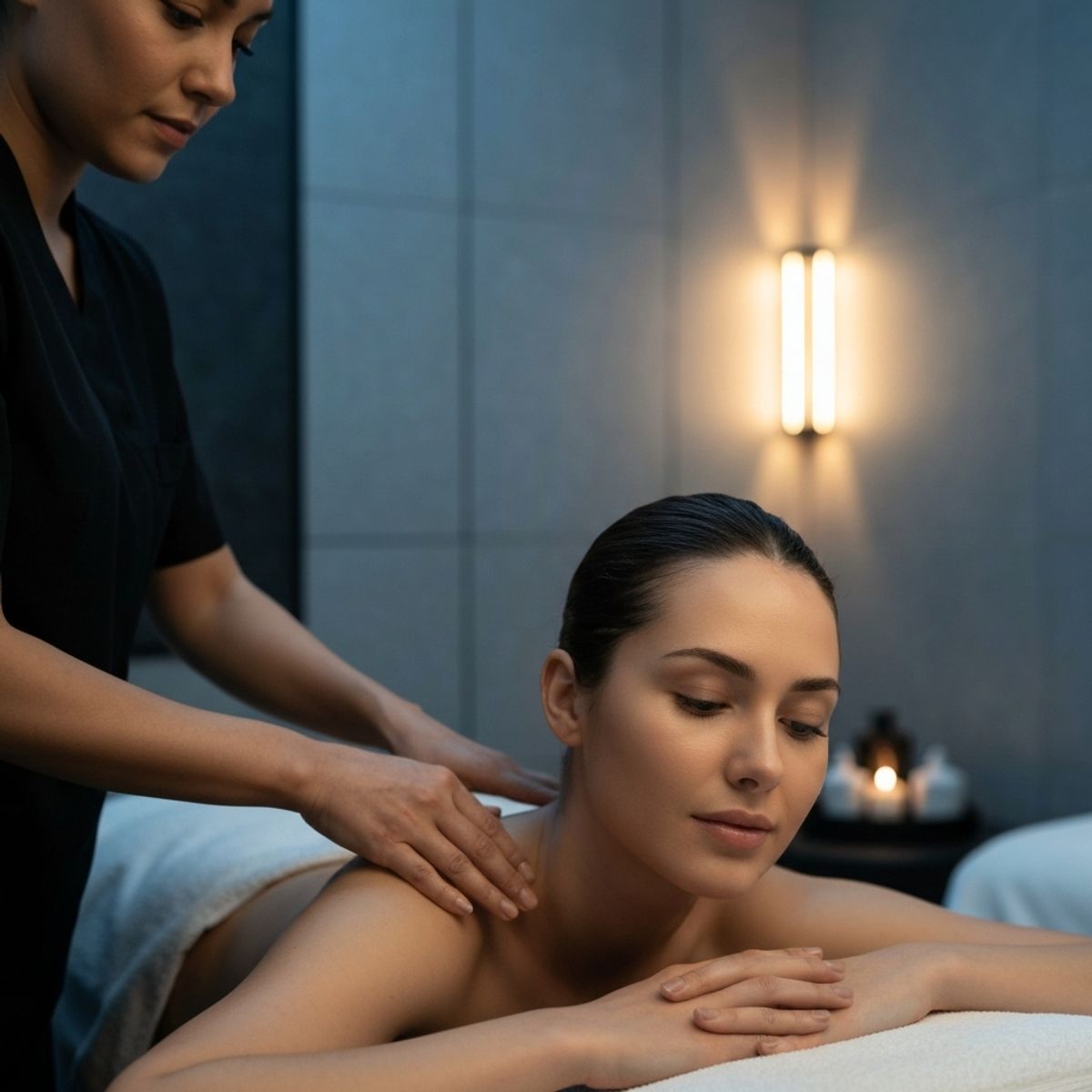 Close-up of a woman receiving a gentle facial massage in a serene, dimly lit spa room in Lausanne