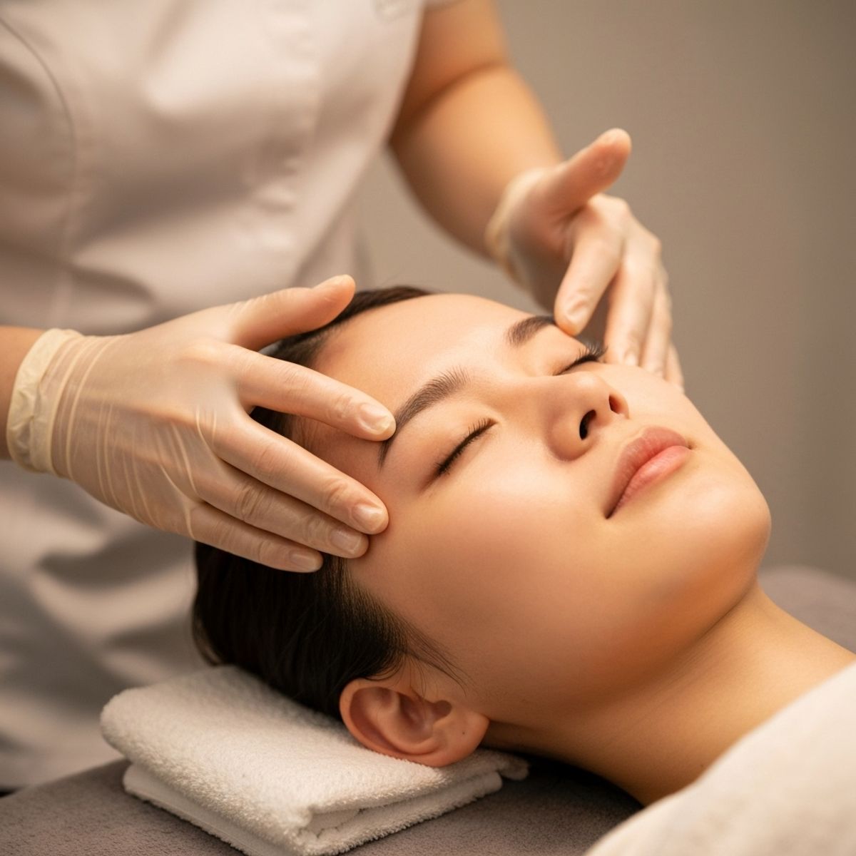 Hands of a therapist applying pressure points on the temples of a client during a facial treatment