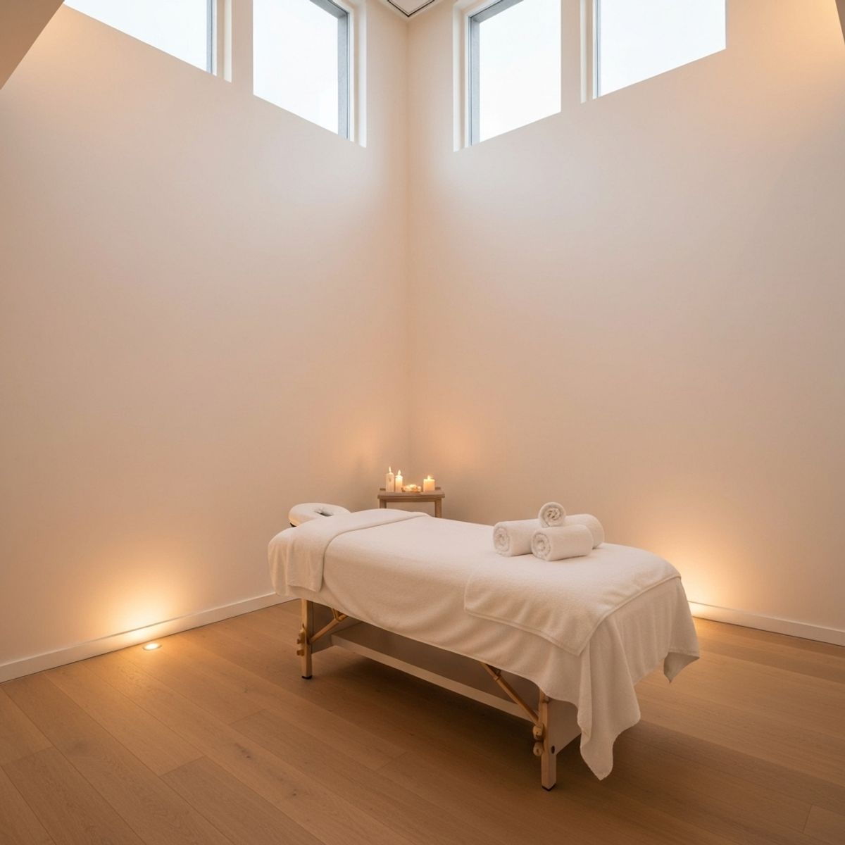 A serene spa treatment room with warm lighting, candles, and a massage table prepared with towels, designed to represent the Perle Institut atmosphere