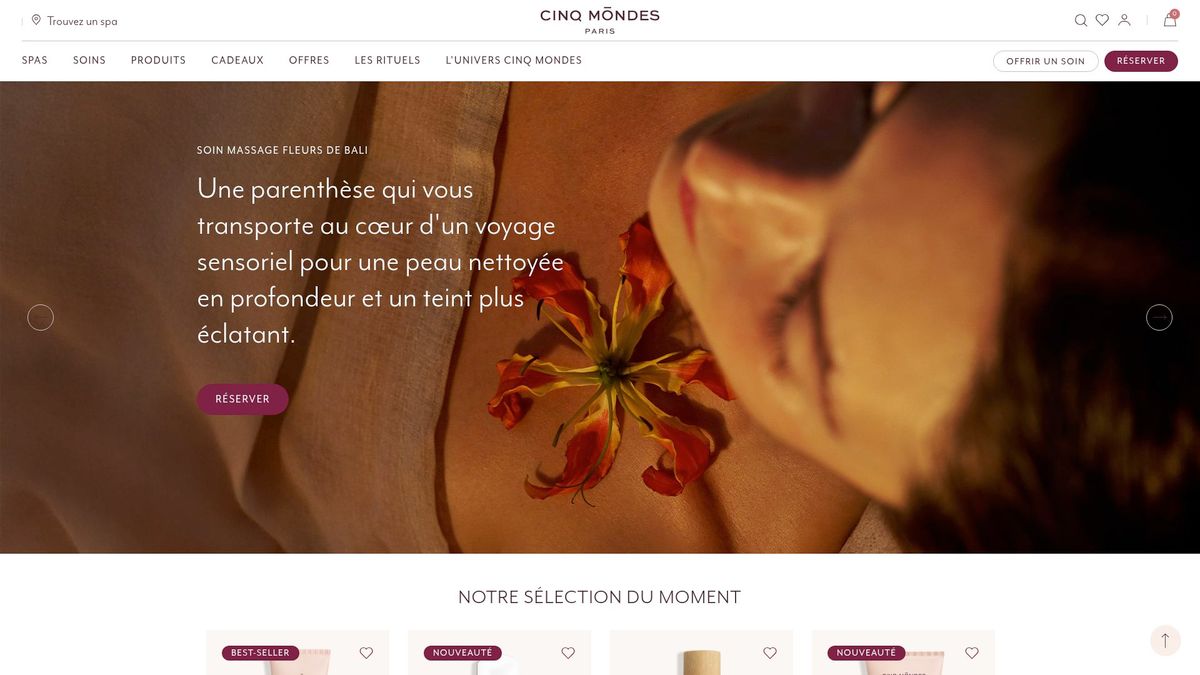 Screenshot of the official Spa Cinq Mondes page showing the luxurious pool area and treatment menu