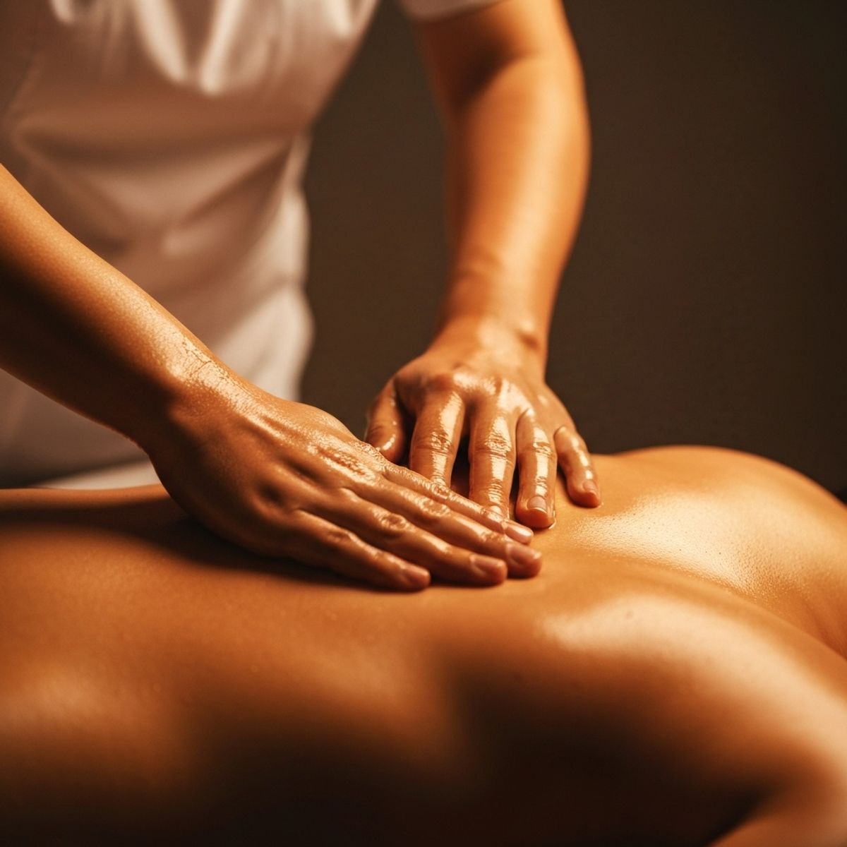 Close-up of a massage therapist's hands applying essential oils to a client's back, emphasizing texture and relaxation technique