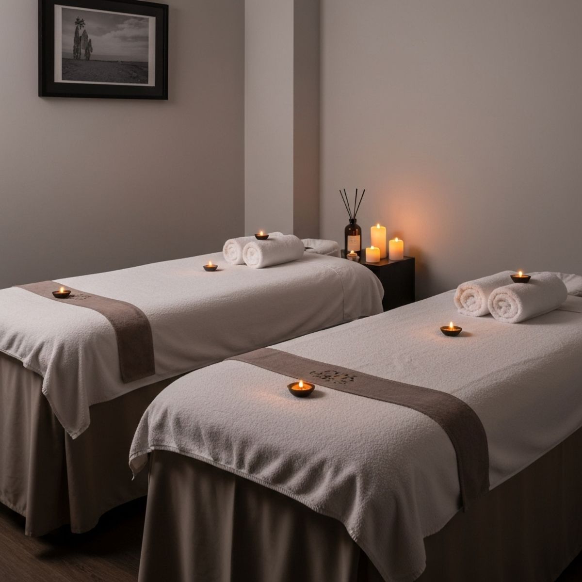 A serene spa room with two massage tables side by side, soft warm lighting, candles, and fresh white towels, creating a romantic and relaxing atmosphere for a duo treatment.