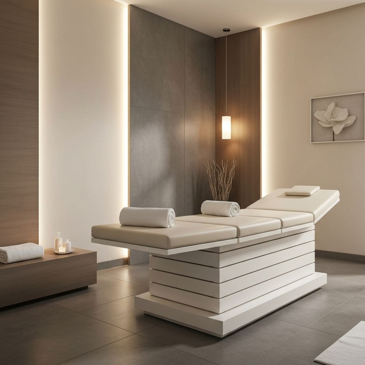 Close-up of a luxurious spa pedicure bowl with warm water, floating flower petals, and relaxing essential oils in a serene salon setting