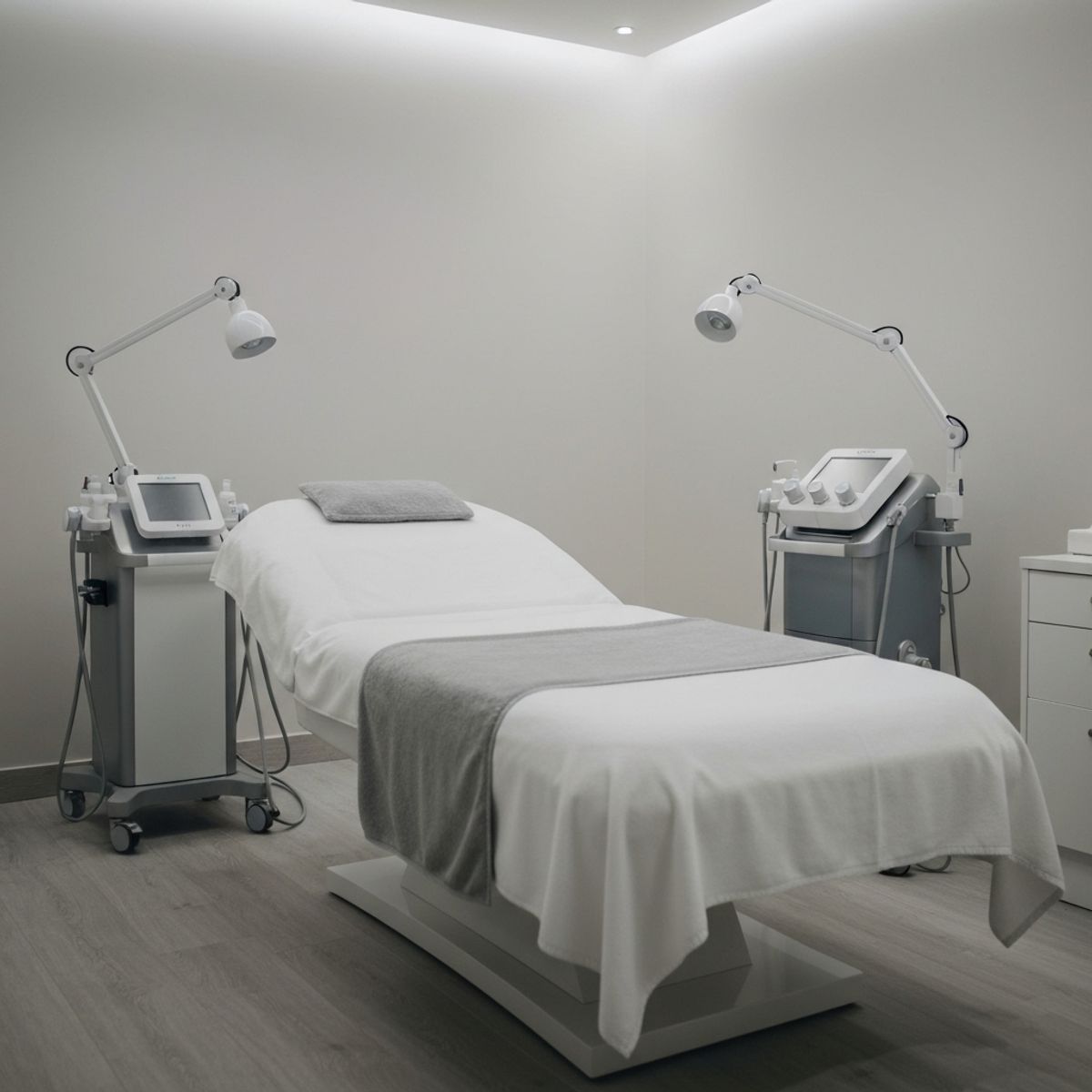 A calm and modern treatment room in a beauty institute with soft lighting and professional equipment