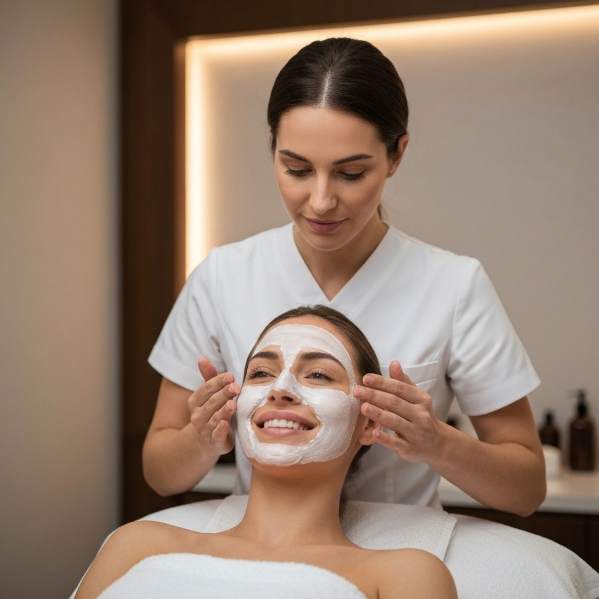 Esthetician applying a soothing mask on a smiling woman's face in a spa setting
