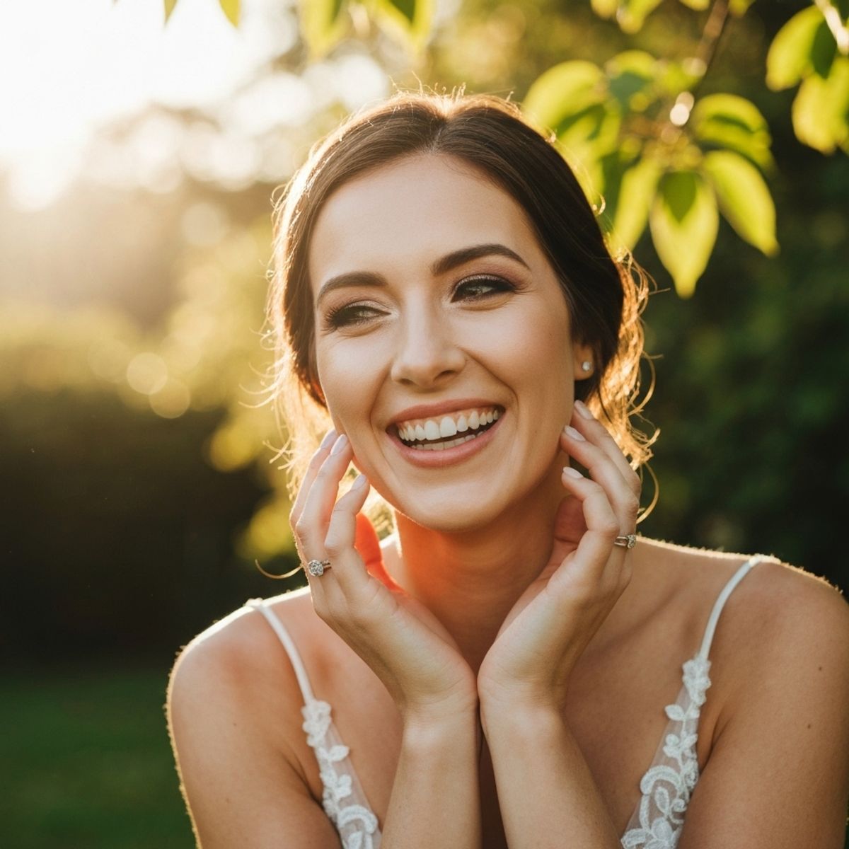 A radiant bride touching her face with a glowing smile, natural lighting