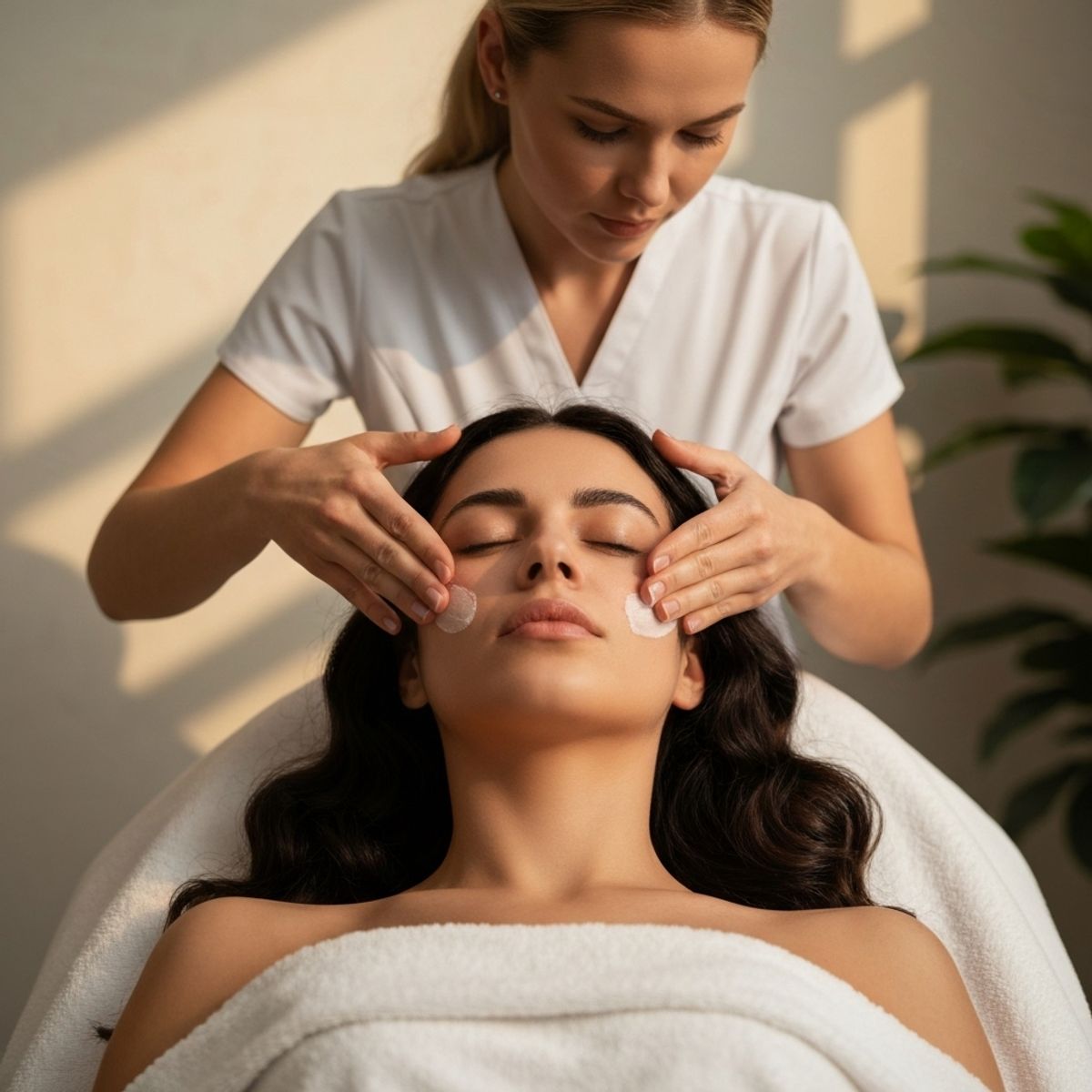 Close-up of a woman with radiant skin receiving a gentle facial massage in a spa setting