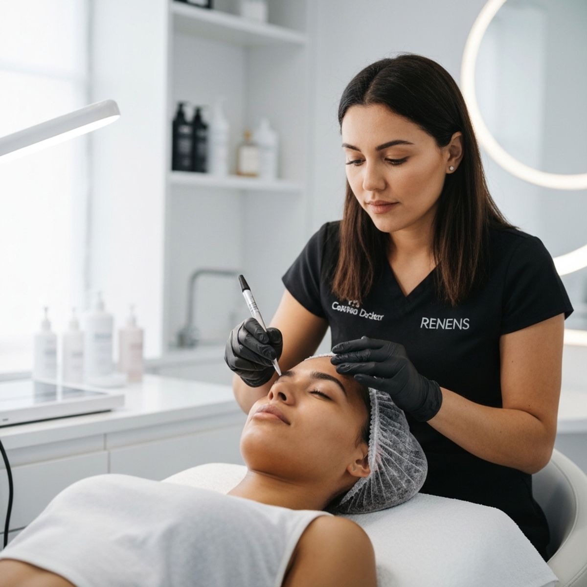 Esthetician performing a precise facial treatment in a clean, modern beauty salon setting in Renens