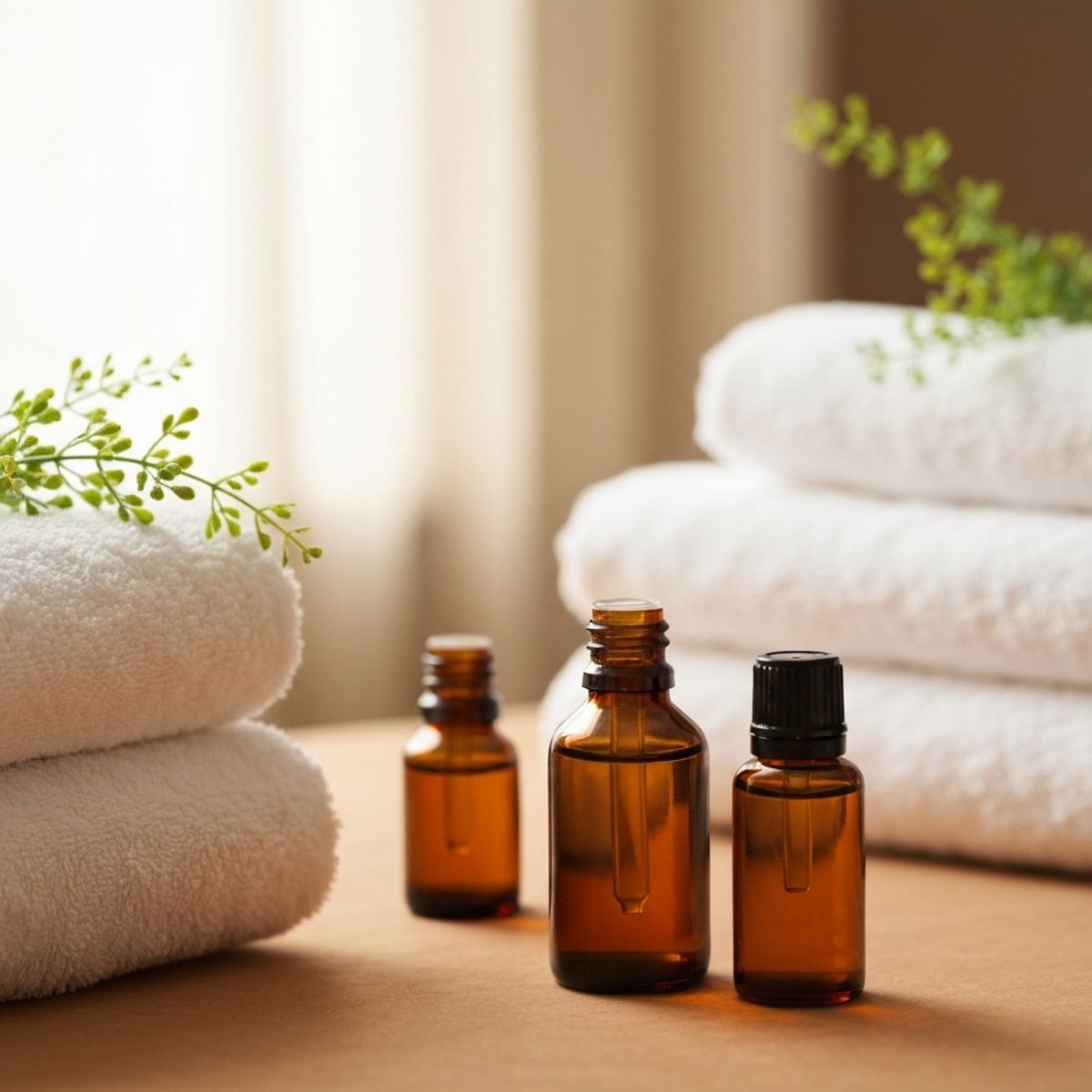 A serene spa environment with soft lighting, towels, and essential oils, embodying the atmosphere of Perle Institut