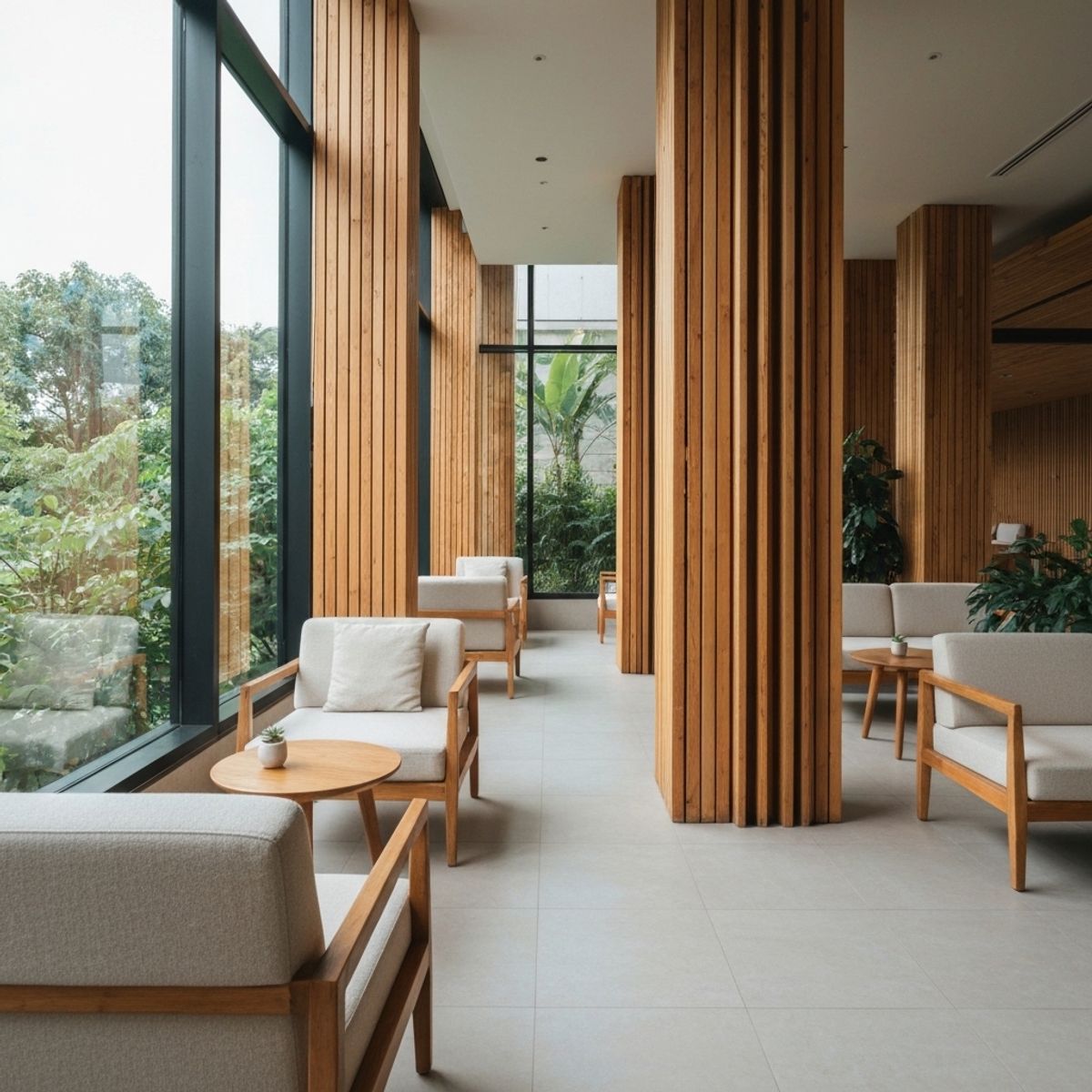 A calm relaxing lounge showing nature elements inside designed for rest