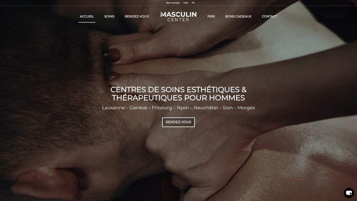 Site web de Masculin Center Lausanne montrant les offres de soins pour hommes