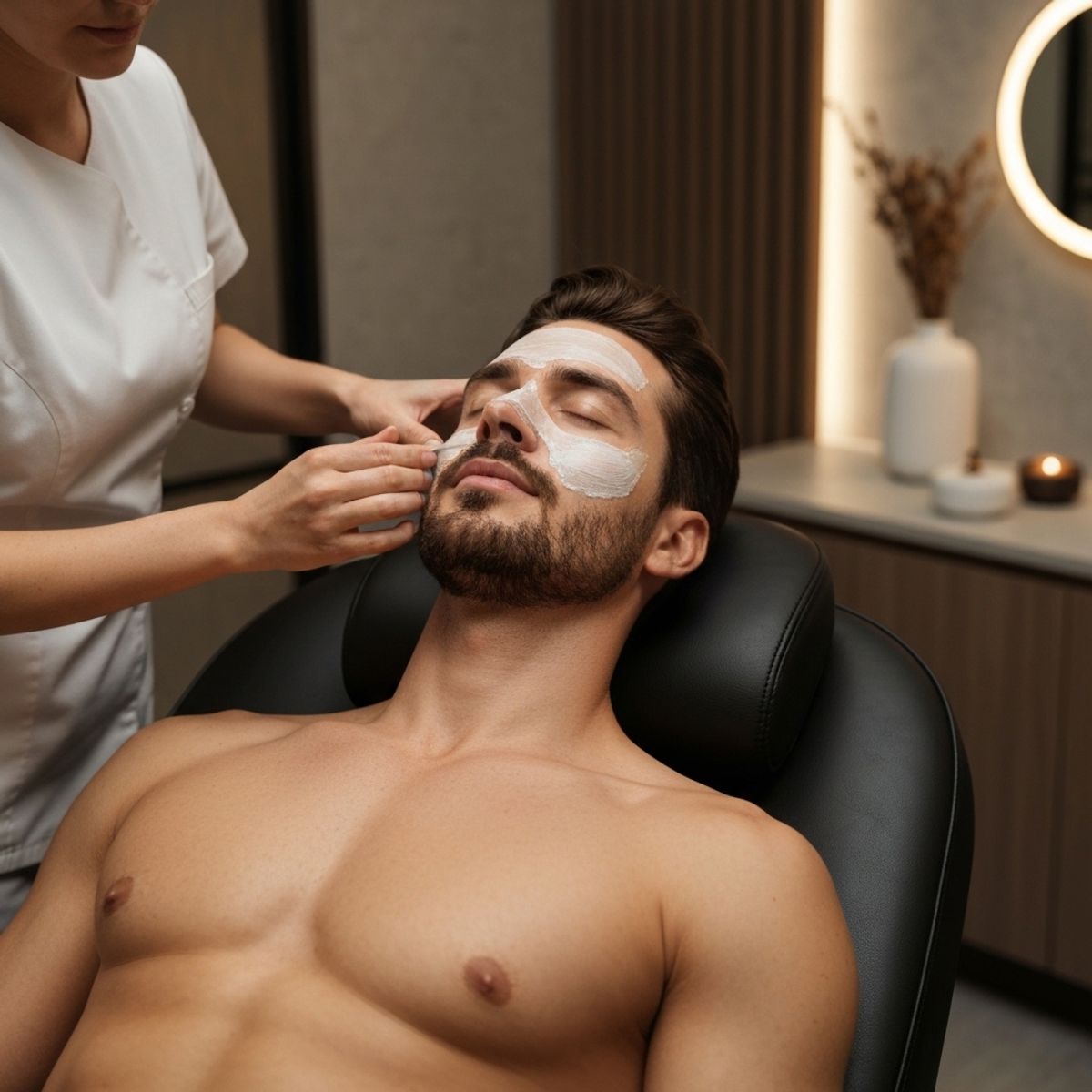 Homme détendu recevant un soin du visage professionnel dans un cadre moderne et masculin