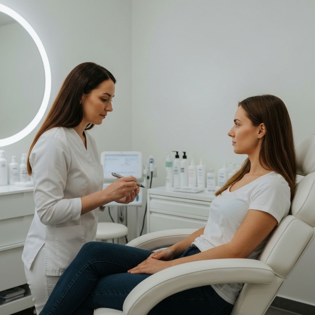 Esthéticienne professionnelle en blouse blanche effectuant une consultation de diagnostic de peau avec une cliente assise dans un fauteuil de soin, éclairage doux dans un institut de beauté moderne avec équipements dermatologiques