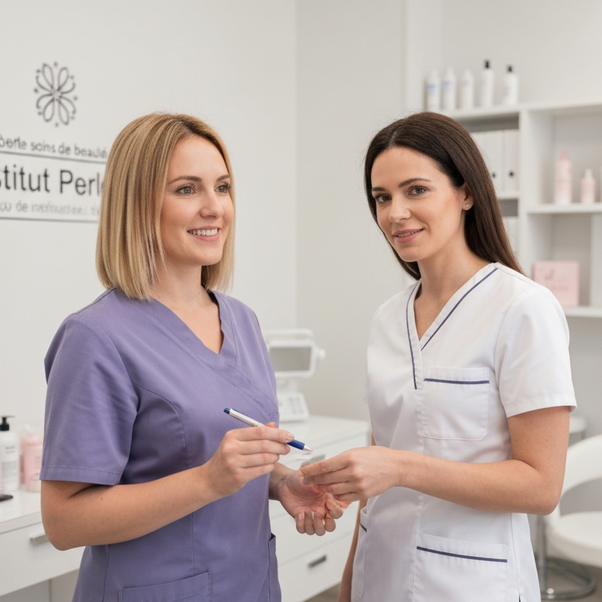 Professional beauty treatment consultation at Institut Perle with experienced aesthetician Isabelle Raonison advising client on personalized skincare plan in elegant Swiss beauty salon, natural lighting highlighting trust and expertise