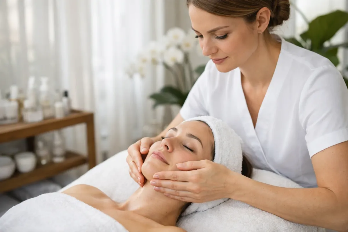 Professional beautician performing gentle facial massage on relaxed client lying on treatment bed in elegant spa room with natural daylight and botanical elements, showcasing personalized skincare treatment in upscale beauty institute