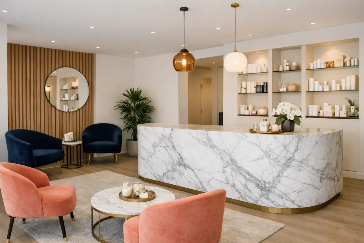 Modern luxury beauty salon reception area in Lausanne city center featuring marble counter, elegant seating, natural light from large windows, and professional welcoming atmosphere without any visible text or signage