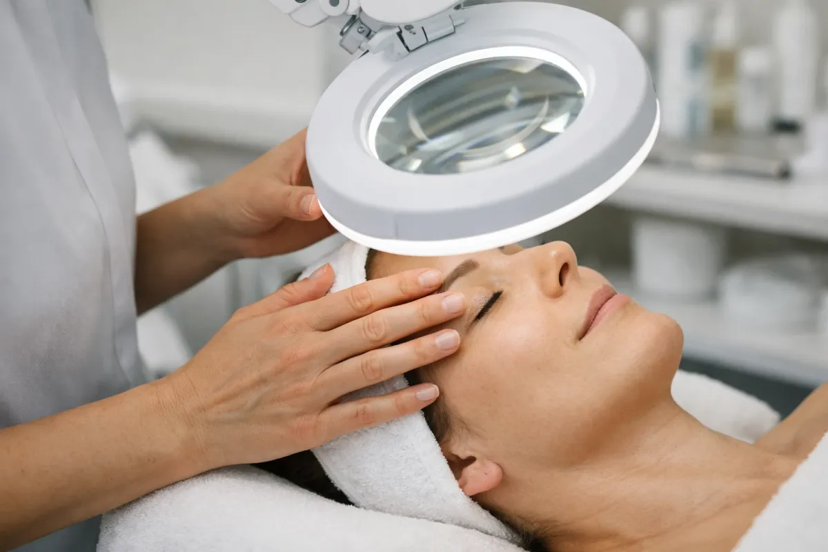 Esthéticienne professionnelle examinant attentivement la peau du visage d'une cliente avec une loupe dermatologique éclairée dans une cabine de soin moderne et lumineuse, ambiance professionnelle et rassurante
