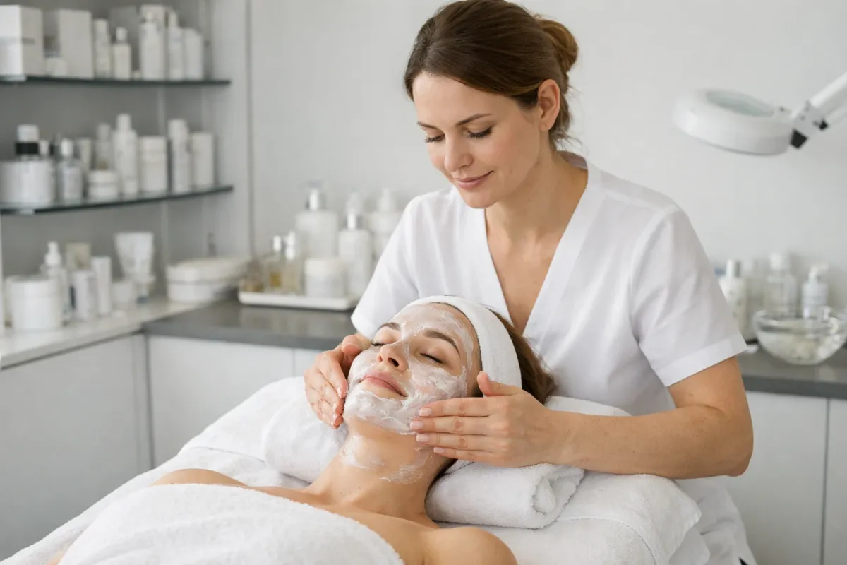 Esthéticienne professionnelle appliquant délicatement un soin apaisant sur le visage d'une cliente dans une cabine d'institut lumineuse et moderne à Crissier, ambiance calme et professionnelle avec des produits de soin spécialisés visibles en arrière-plan