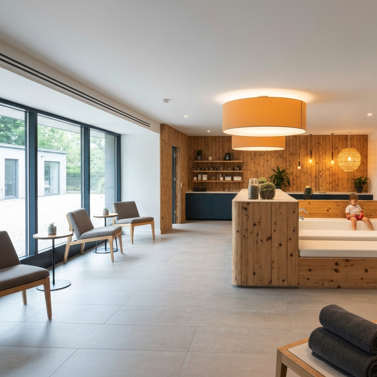 Modern urban spa reception with warm lighting, natural wood elements, comfortable seating area, and subtle wellness ambiance in Lausanne style architecture, showing accessible proximity concept