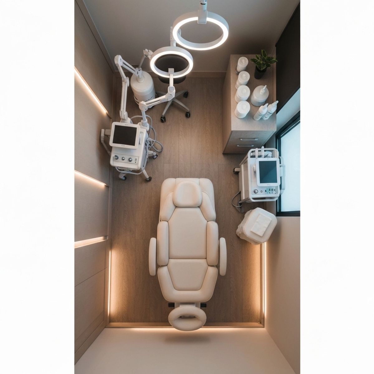 Salle de soin professionnelle moderne d'un institut de beauté masculine avec fauteuil de traitement esthétique ergonomique, équipement dermatologique sophistiqué, éclairage LED doux, décor épuré aux tons neutres et boisés, ambiance chaleureuse et professionnelle dédiée aux soins anti-âge pour hommes