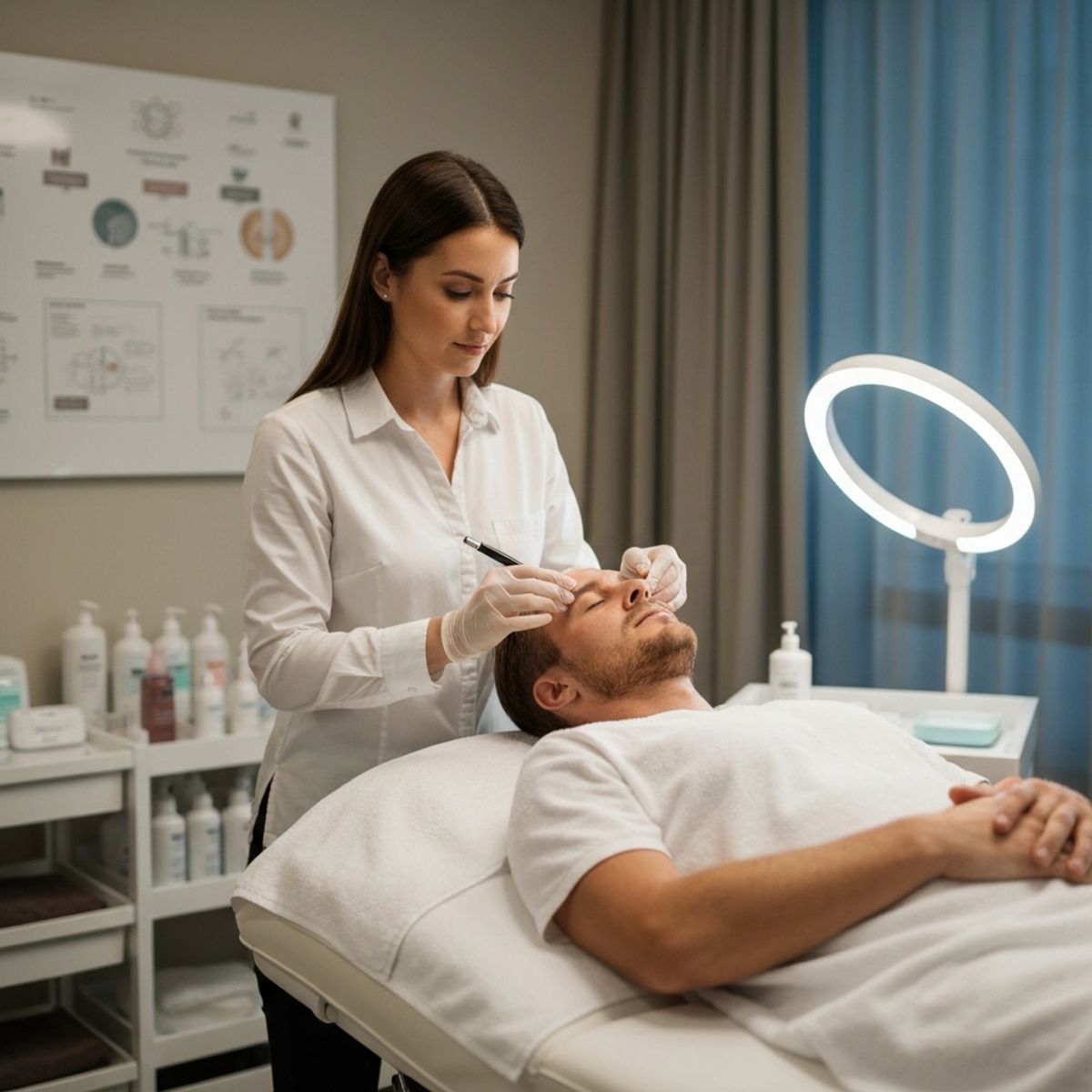Esthéticienne expérimentée en blouse blanche appliquant un soin purifiant sur le visage d'un homme allongé sur une table de traitement dans un espace spa épuré avec éclairage tamisé et ambiance professionnelle
