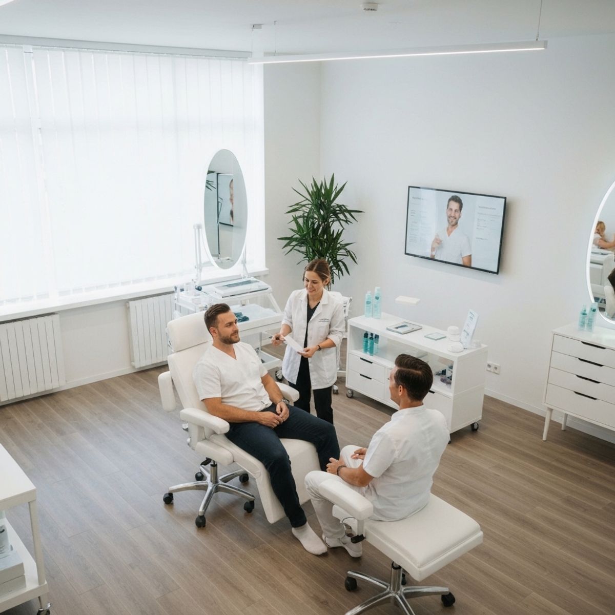 Modern beauty institute reception in Lausanne with clean minimalist design, professional atmosphere, young male client consulting with aesthetician about facial treatment, natural lighting, welcoming environment showing accessibility and expertise in men's skincare