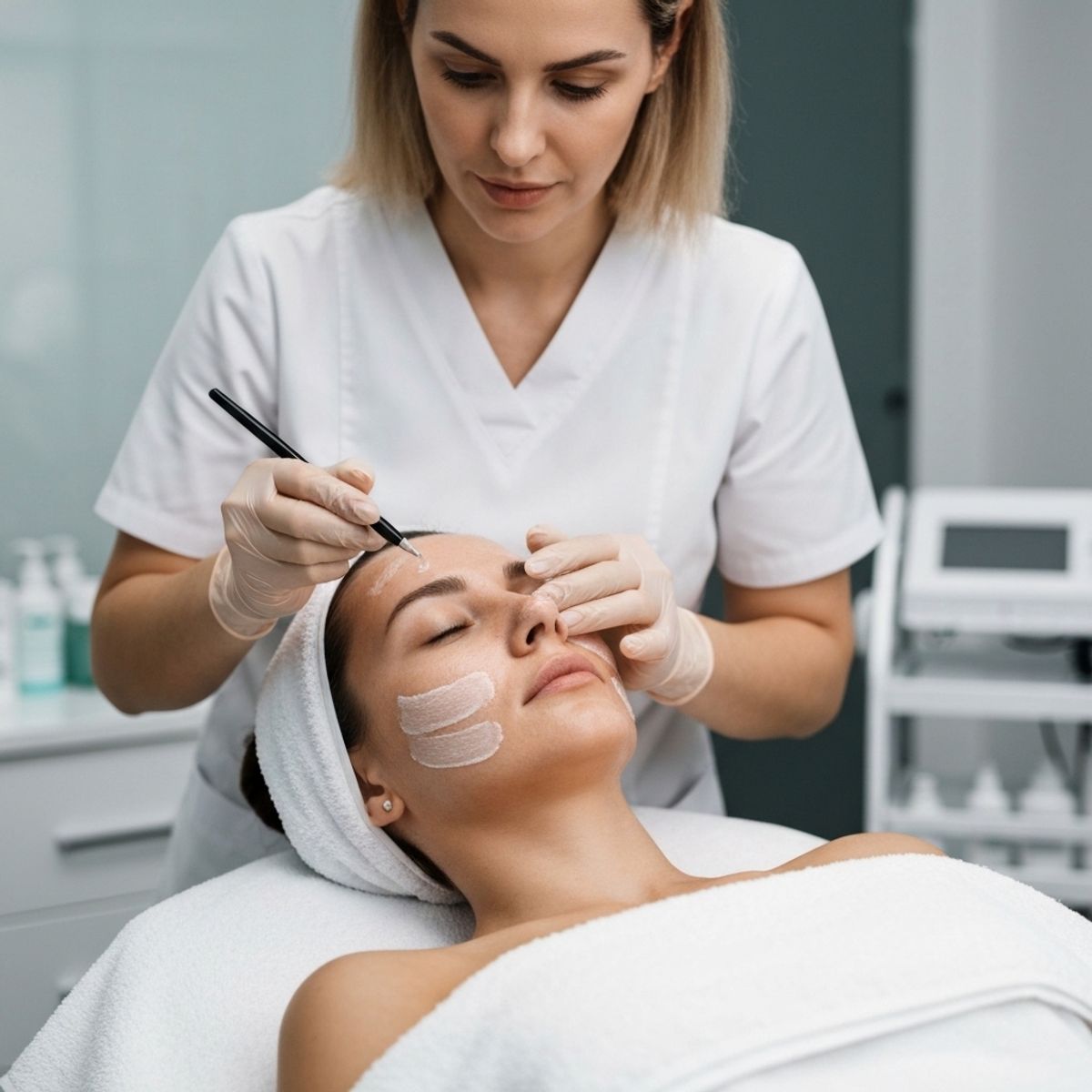 Close-up of esthetician's hands applying rich hydrating cream to client's dry facial skin in professional treatment room, soft natural lighting highlighting skin texture improvement, modern spa environment with treatment tools visible in background