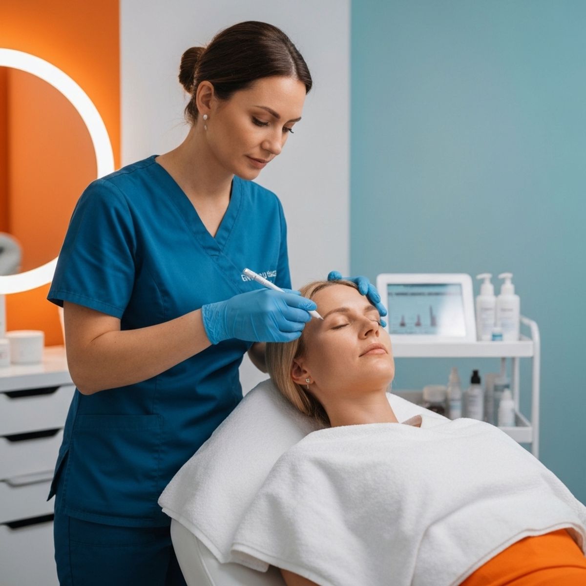 Professional esthetician performing facial treatment on female client in elegant Swiss beauty salon with soft lighting and modern equipment