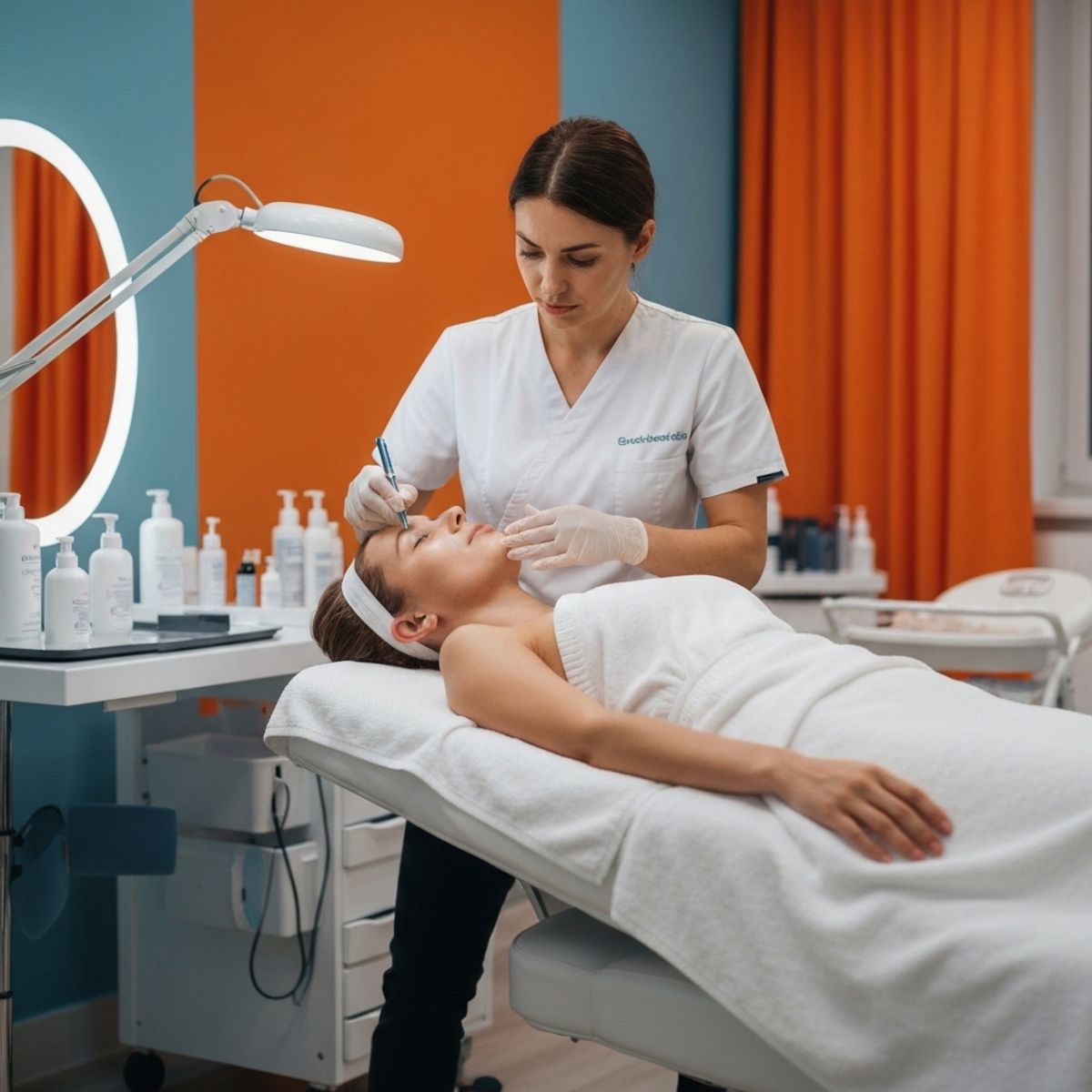 Professional beautician performing a facial treatment on a relaxed client in a modern, clean spa room with natural lighting and elegant decor